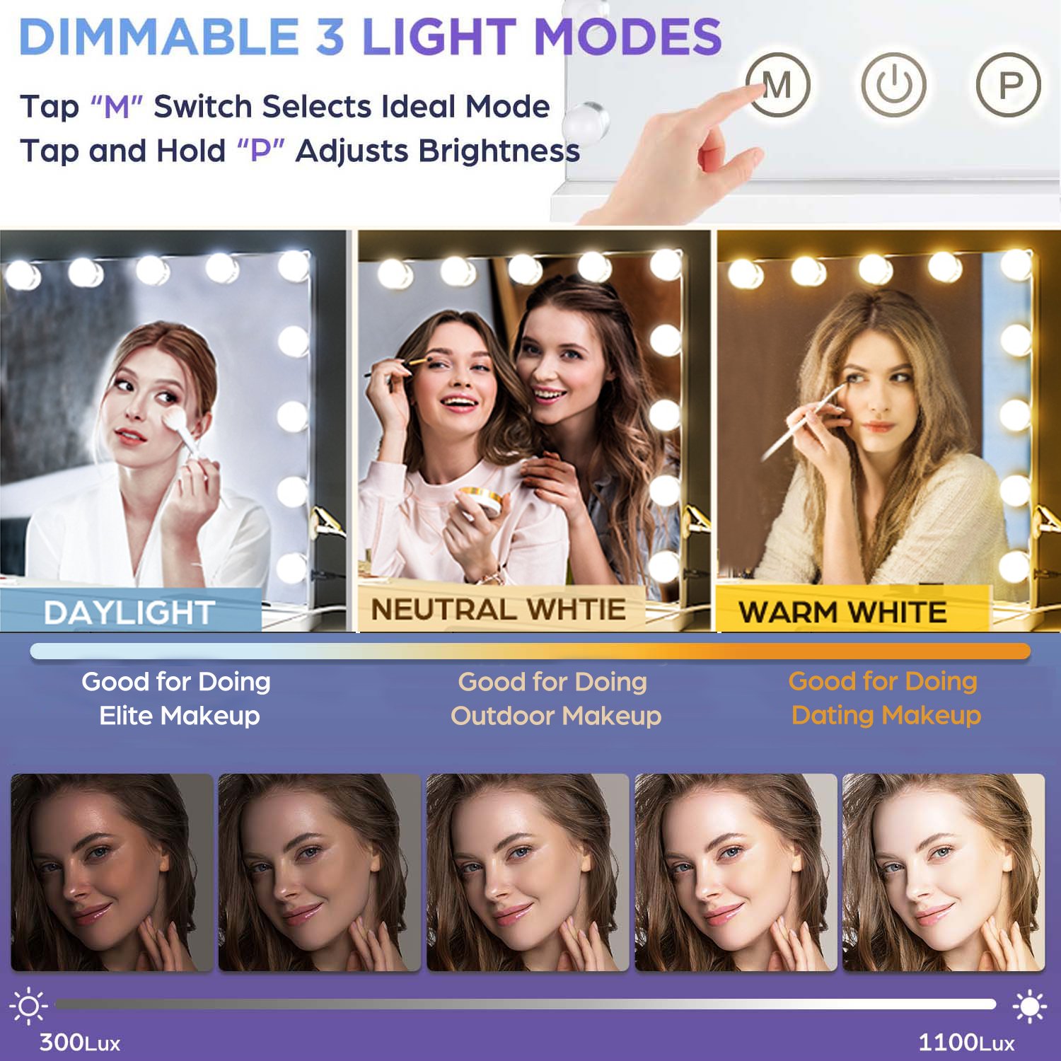 Lighted Makeup Mirror, Hollywood Vanity with Dimmable 15 Bulbs | 3 Color Light Modes, USB-A & USB-C Ports, Touch Control, Tabletop & Wall Mounted, Dorm Room Essentials, Gifts for Women - Image 3