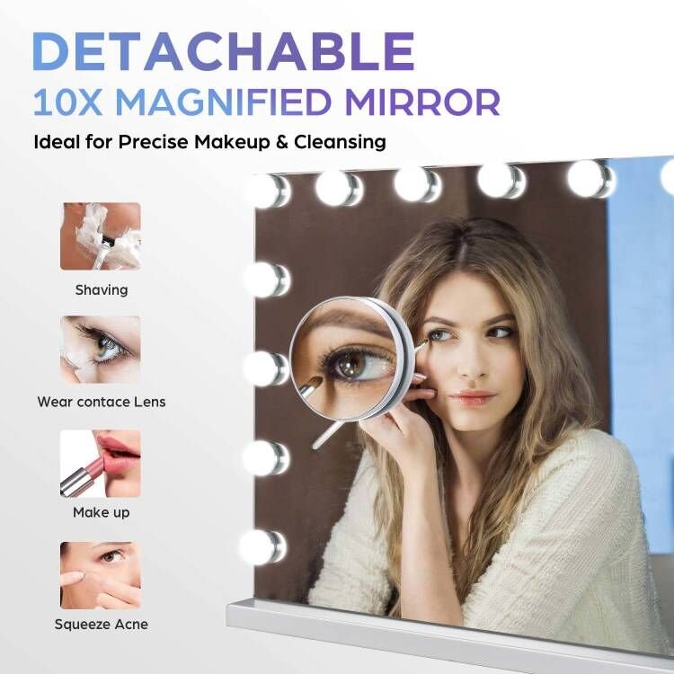 Lighted Makeup Mirror, Hollywood Vanity with Dimmable 15 Bulbs | 3 Color Light Modes, USB-A & USB-C Ports, Touch Control, Tabletop & Wall Mounted, Dorm Room Essentials, Gifts for Women - Image 4