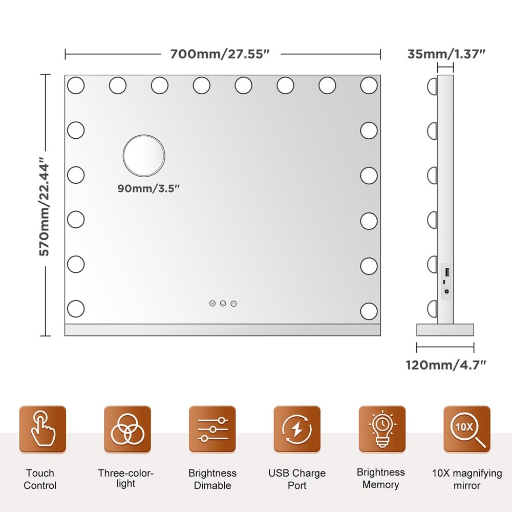 Hollywood Vanity Vanity, Makeup Mirror with 18 Dimmable LED Bulbs | 3 Color Light Modes, USB-A & USB-C Ports, Touch Control, Tabletop & Wall Mounted, Dorm Room Essentials, Gifts for Women - Image 6